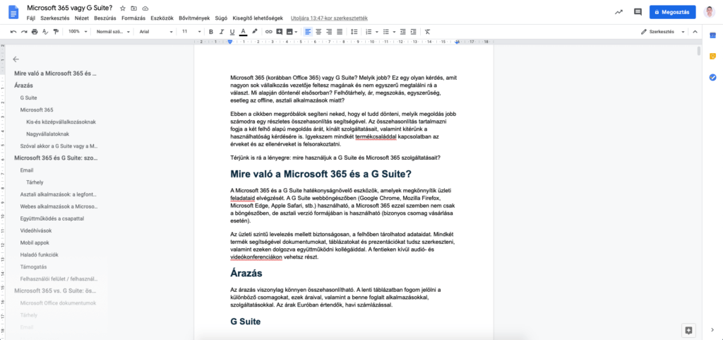 Google Docs szerkesztő