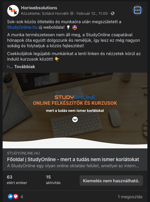 StudyOnline Facebook poszt